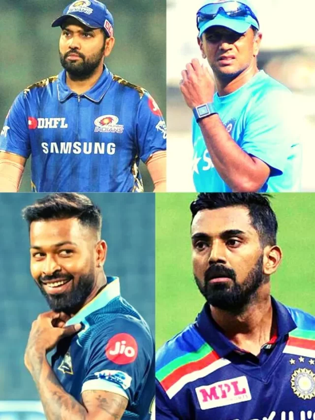 future captain of indian cricket team Kl Rahul, Hardik Pandya, Rohit Sharma with Coach Rahul Dravid